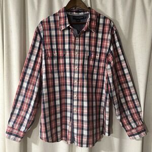 US Polo Assn Shirt Men's XXL Blue Maroon White Plaid Collar Long Sleeve 2 Pocket